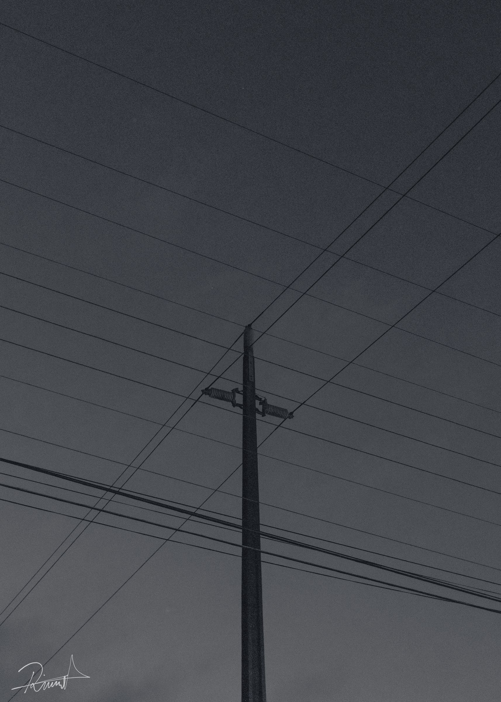 Poste y líneas eléctricas recortadas contra el cielo