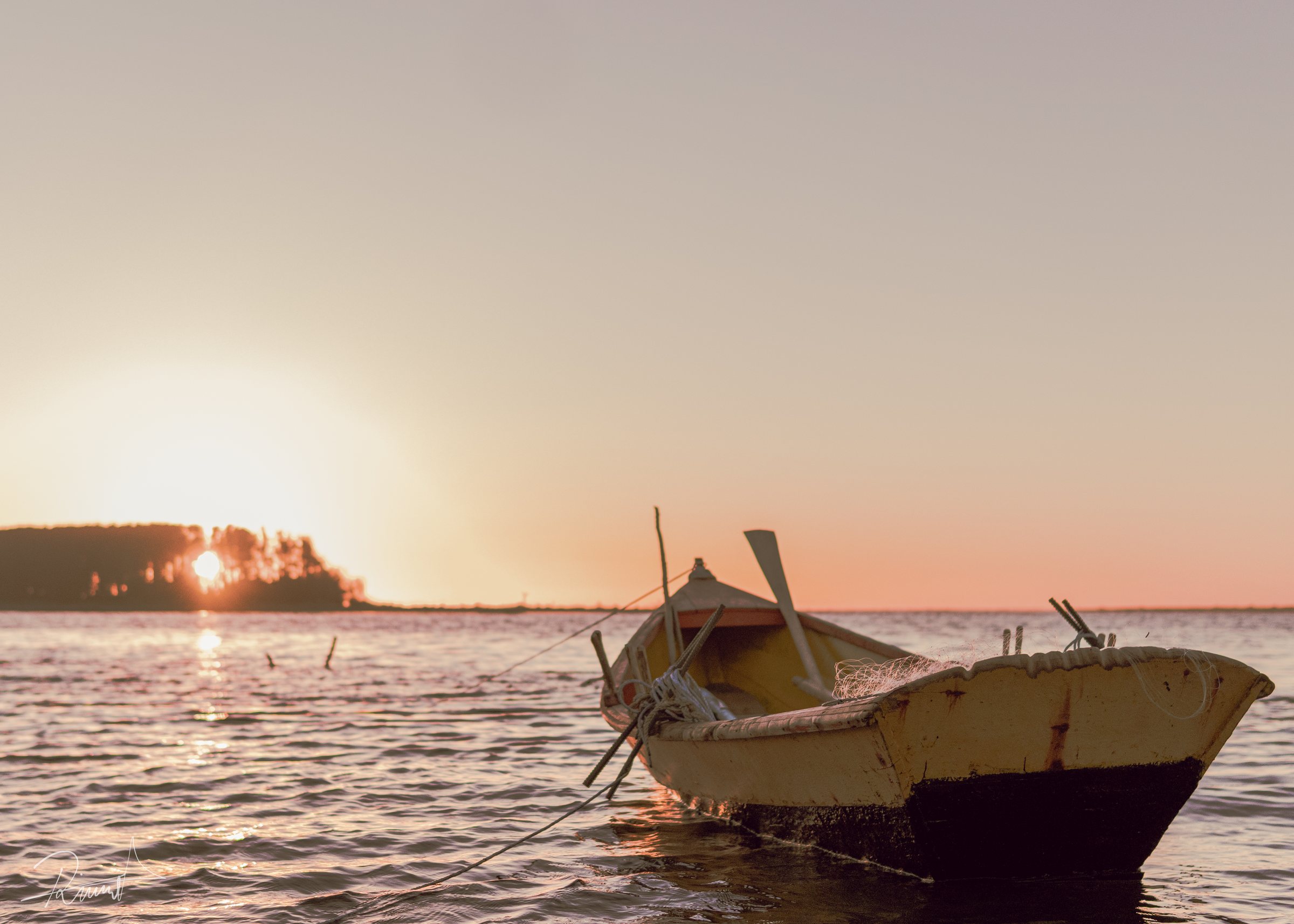 Bote junto a la costa durante una puesta de sol